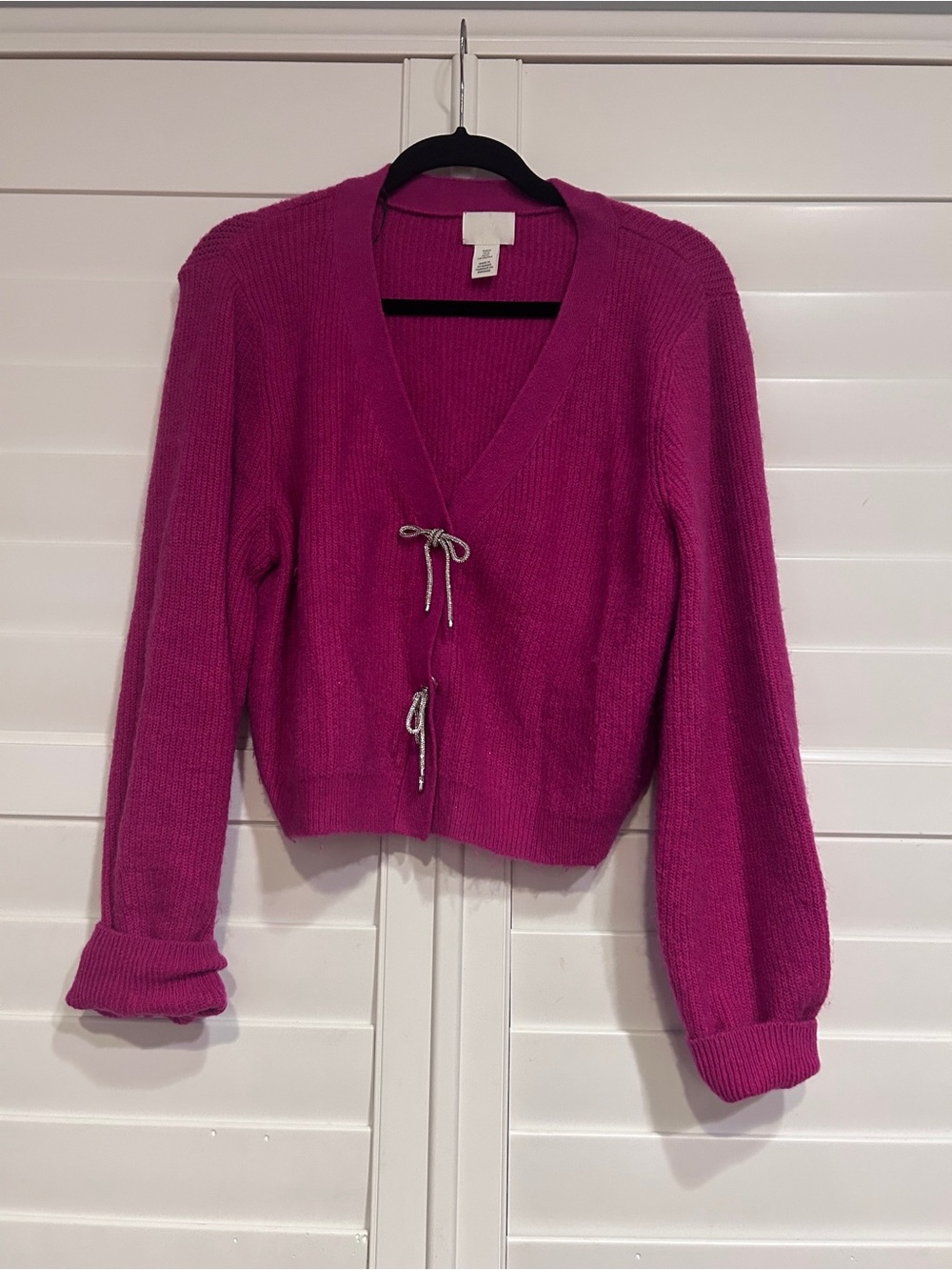 H&M Bow Embellished Cardigan Fuchsia Purple Sparkle Size Medium